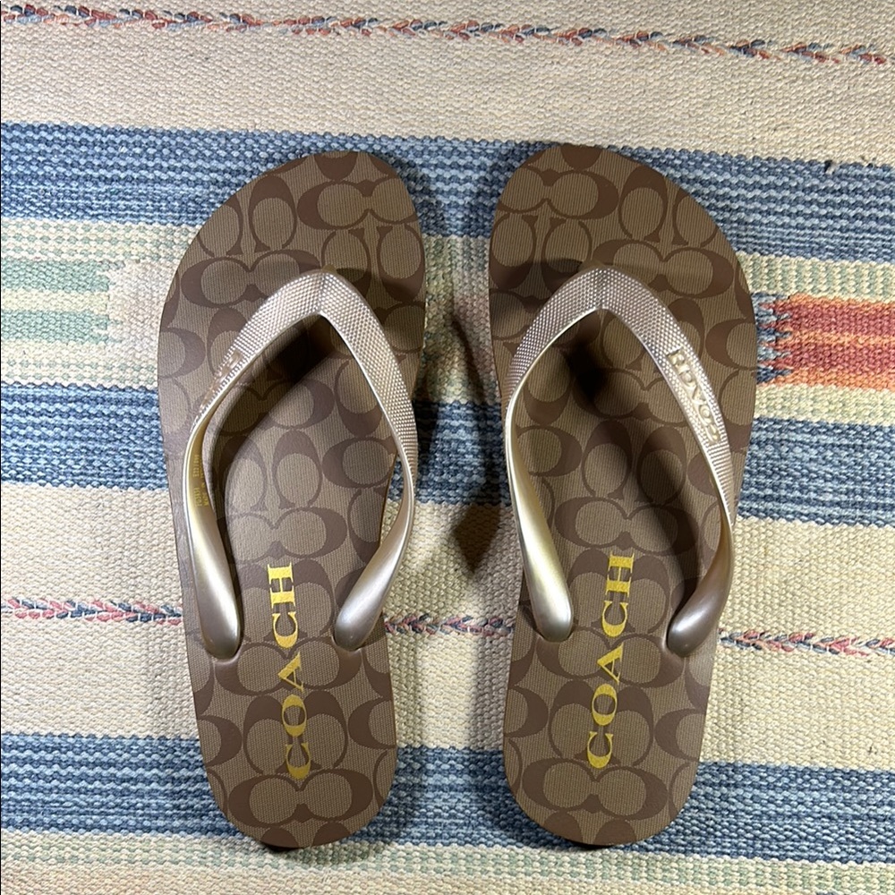 Coach Brown and Gold Sandals with Decorative Straps